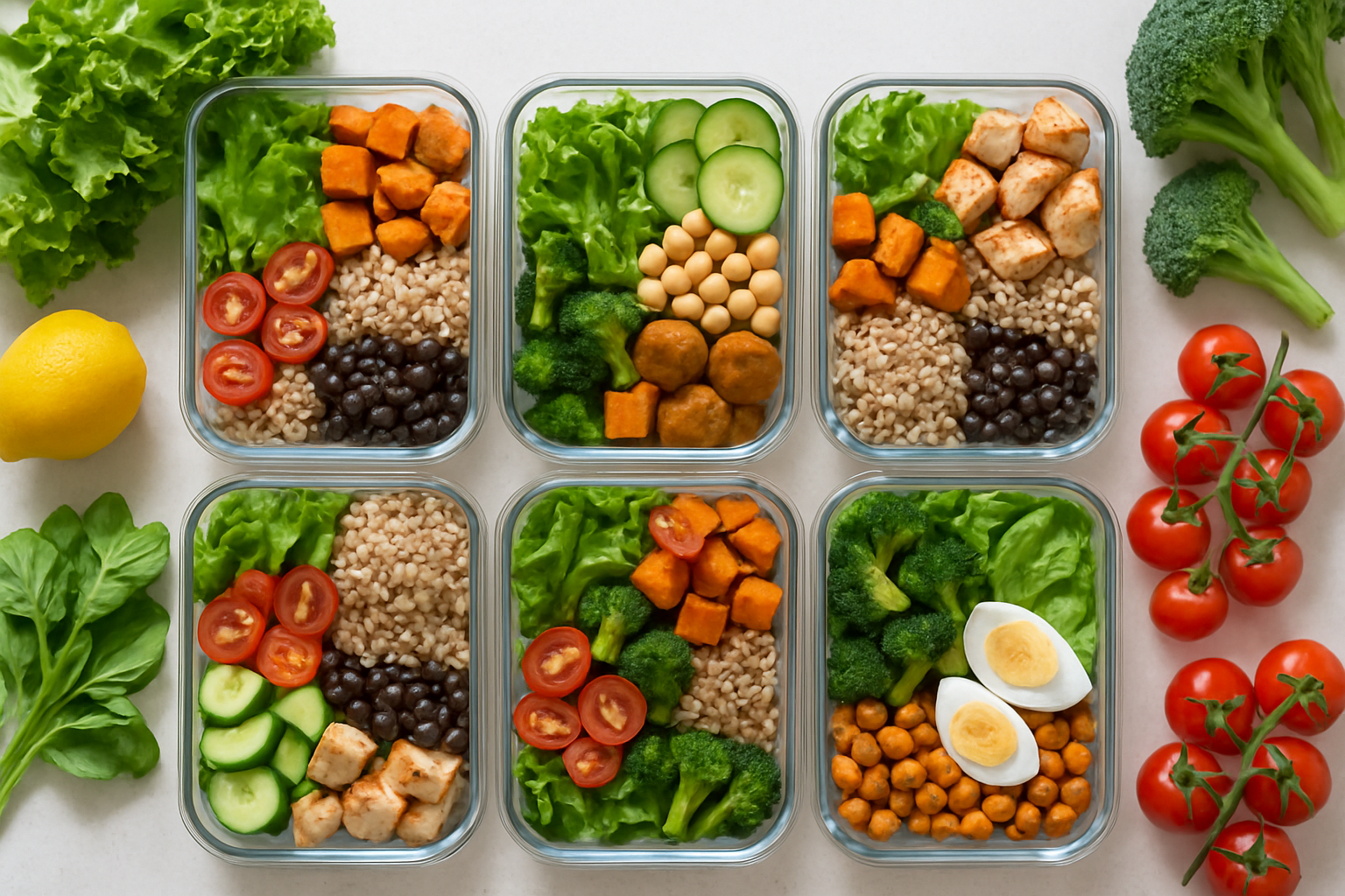 Kolorowe sałatki w szklanych pojemnikach przygotowane na 3 dni pracy