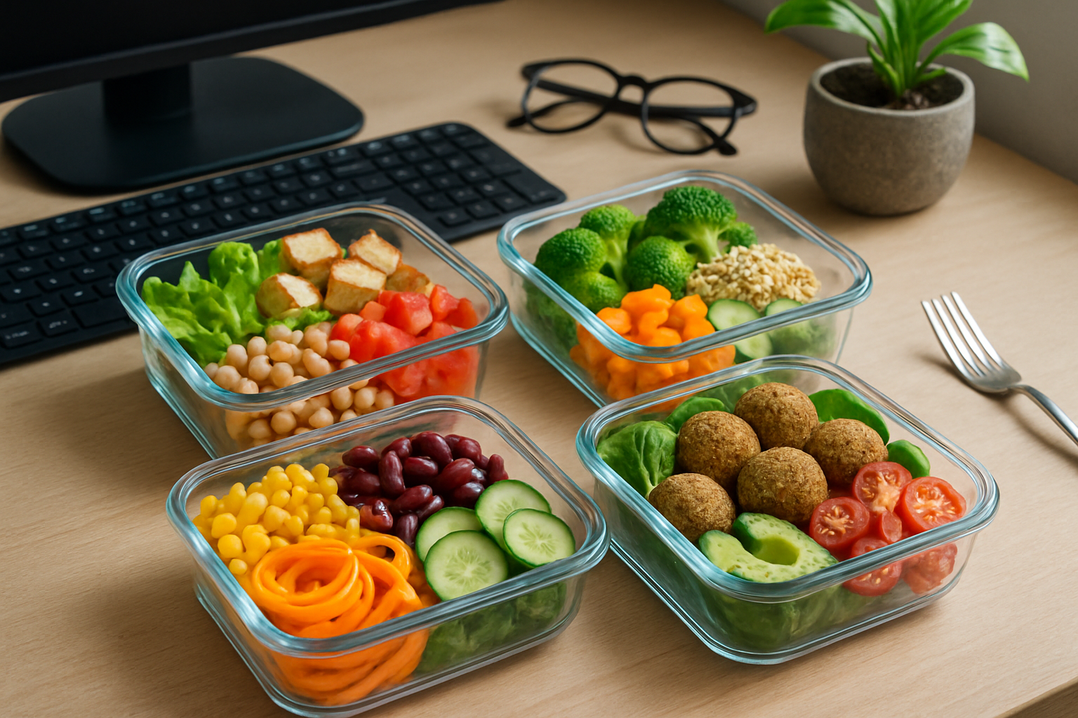 Wegetariańskie sałatki w szklanych pojemnikach na biurku