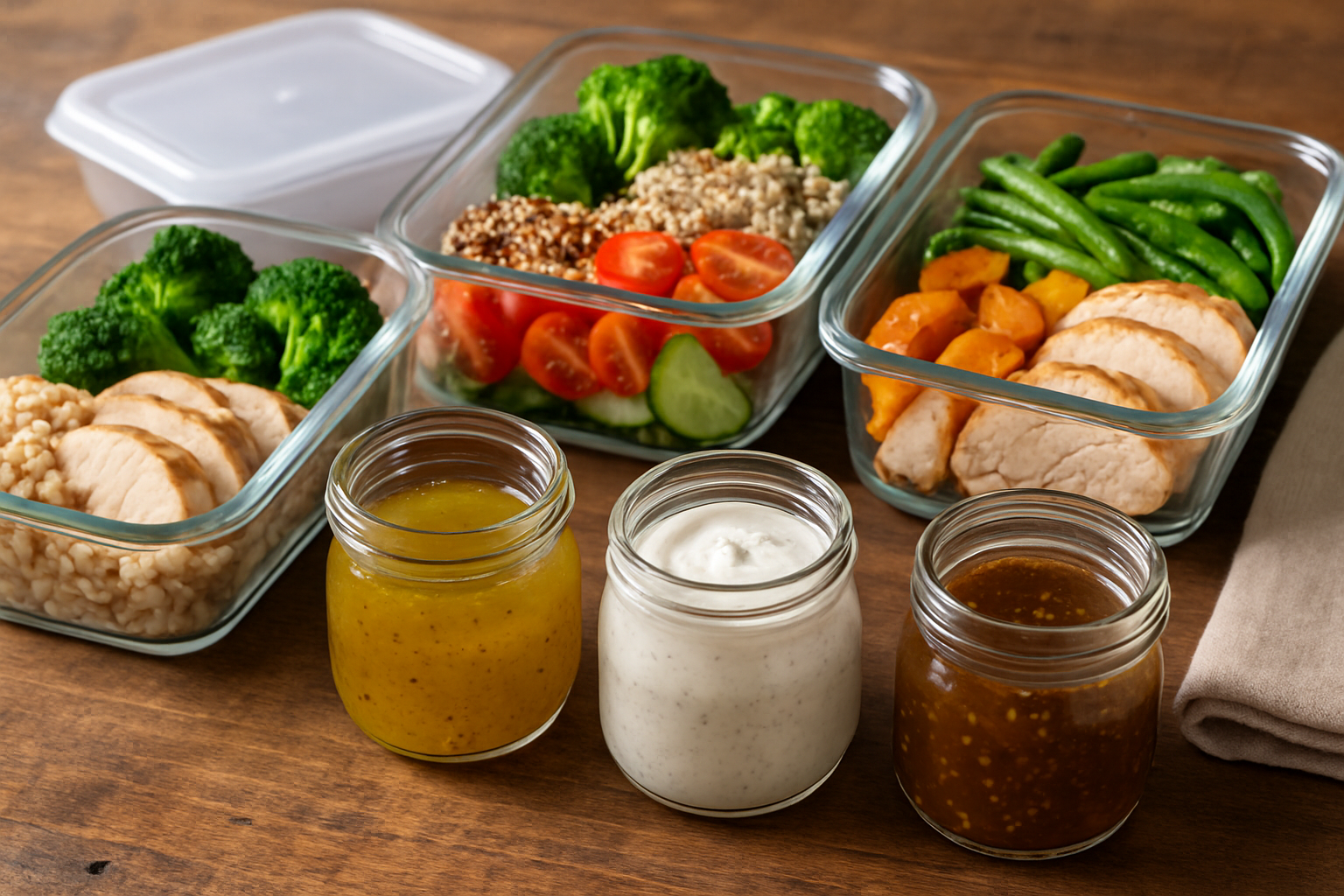 Małe słoiczki z sosami do sałatek obok pojemników na lunch