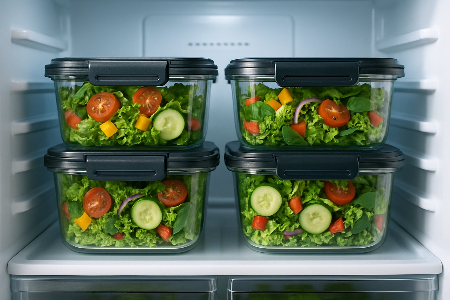 Pojemniki z sałatkami ułożone w lodówce